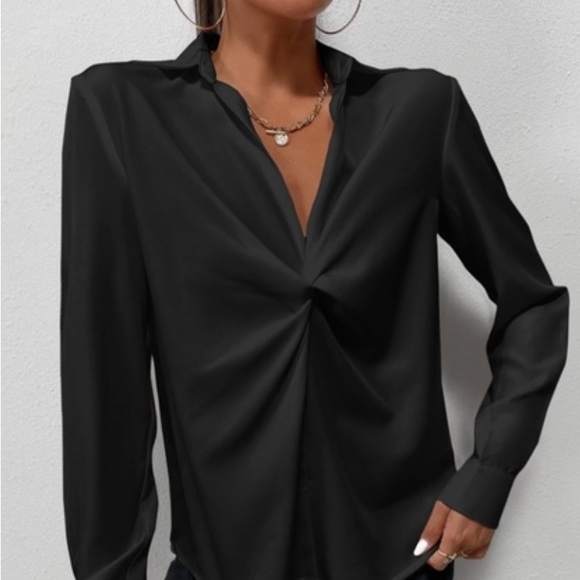 Twist Front Black Office Shirt Long Sleeve Collar Neckline V-Neck - Picture 5 of 7